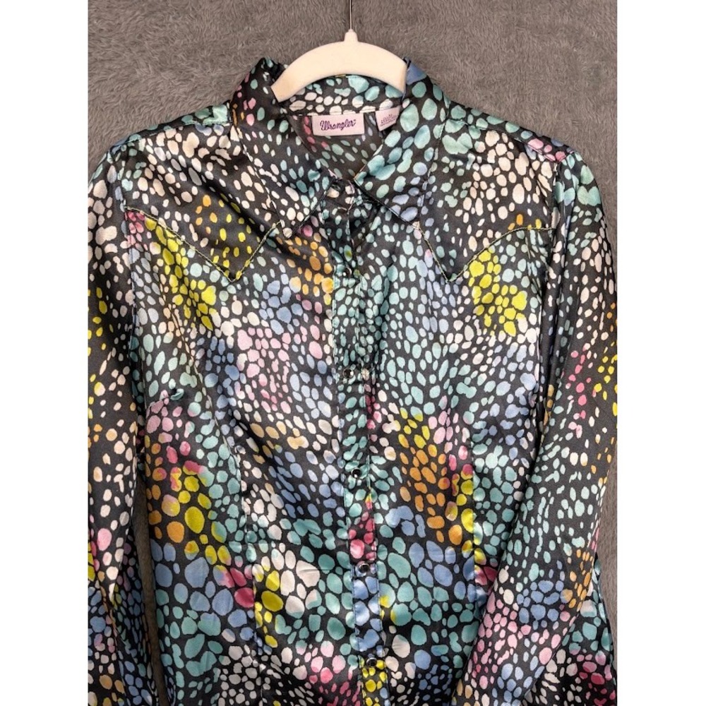 Wrangler Womens Western Snap Shirt Multi Color Pebble Print Satin LW2431M Medium